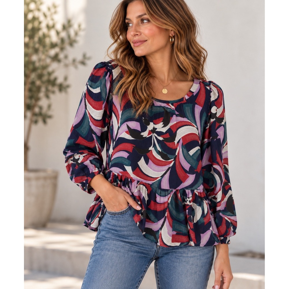 Maeve Anthropologie Cheyenne Bird Print Peplum Blouse Boho Folk Art Puff Sleeve